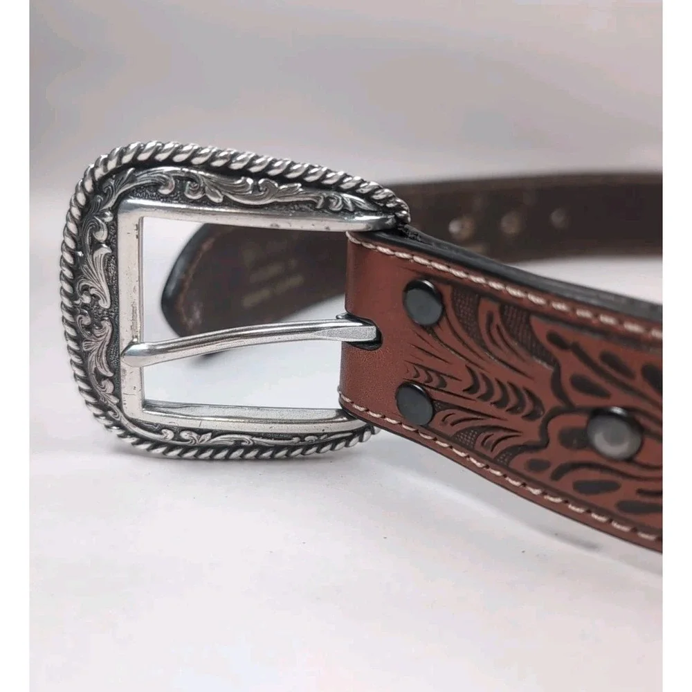 ARIAT Buckle Belt Handcrafted Tooled Leather 34 Cowhide Stitched Cowboy Vintage